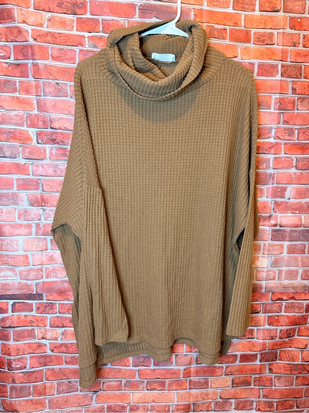 Zenana Outfitters Camel Waffle Knit Cowl Neck Sweater